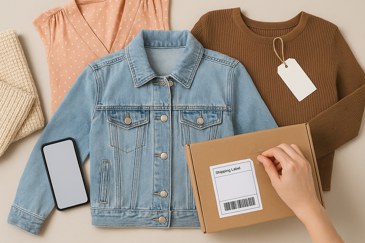 Sélection de vêtements sur fond neutre préparée pour revente en ligne, avec smartphone et étiquette d’expédition