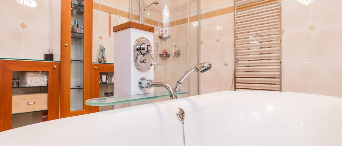 Elegant bathroom interior featuring a freestanding bathtub and contemporary fixtures.